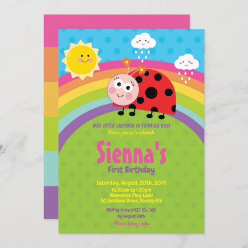 Rainbow Cute Ladybug 1st Birthday Party Girl Invitation