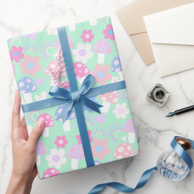 Rainbow, Cute Mushrooms And Flowers Wrapping Paper (Gifting)