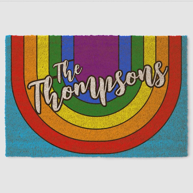 Rainbow Cute Script Family Name Coir Fiber Doormat (Front)
