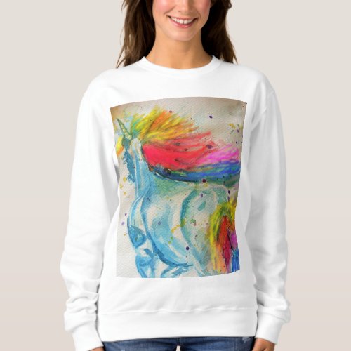 Rainbow Cute Unicorn Womans Watercolor Art Sweatshirt