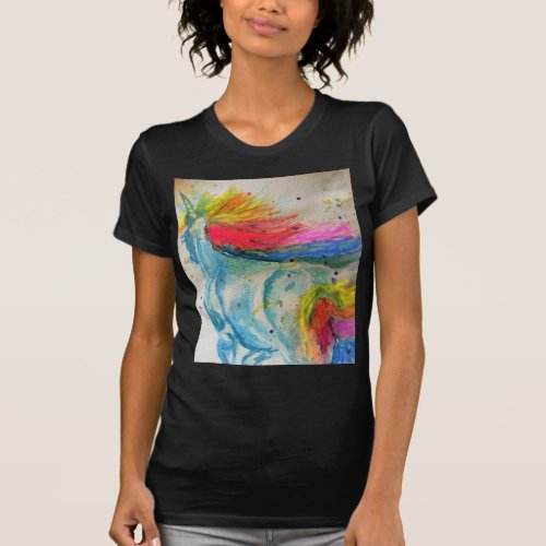 Rainbow Cute Unicorn Womans Watercolor T Shirt