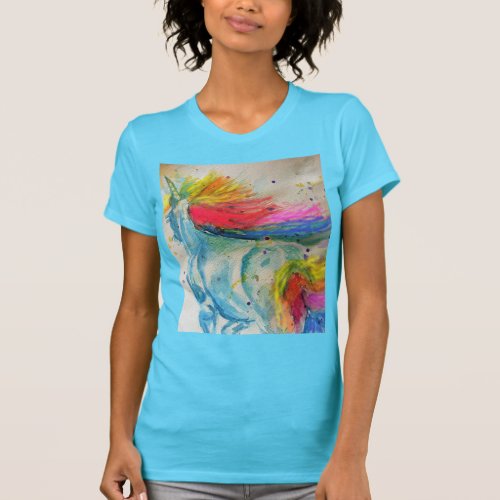 Rainbow Cute Unicorn Womans Watercolor T Shirt