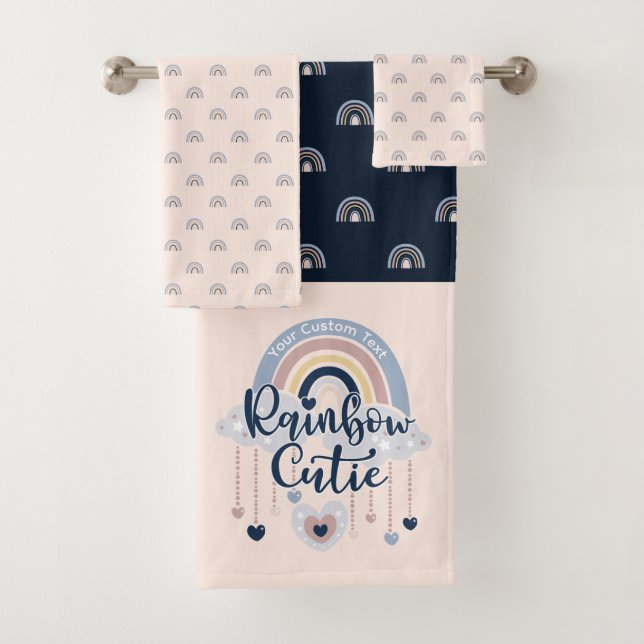 Rainbow Cutie and Hearts Girl's Personalized Bath Towel Set (Insitu)