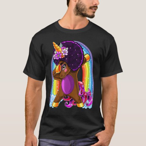 Rainbow Dabbing Unicorn Afro Natural Hair African  T_Shirt