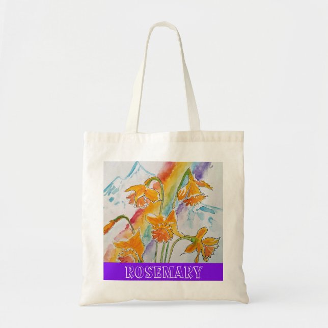 Rainbow Daffodil Floral Reusable Grocery Tote Bag (Front)