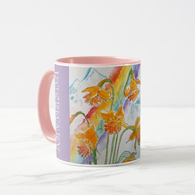 Rainbow Daffodil Spring Watercolor floral Mug (Front Left)