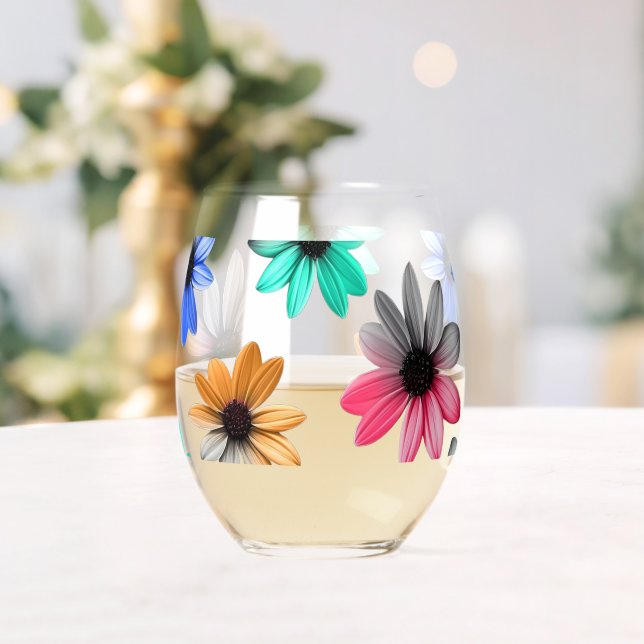 Rainbow Daisies  Stemless Wine Glass (Insitu (Wedding))