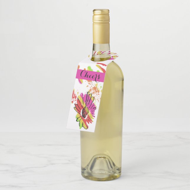 Rainbow Daisy Strip Design Bottle Hanger Tag (Angled)