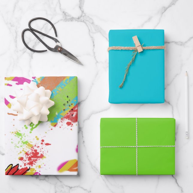 Rainbow Daisy Strip Design-Soft Teal/Lime Wrapping Paper Sheets (Front)