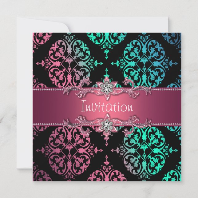 Rainbow Damask Black Party Invitation (Front)