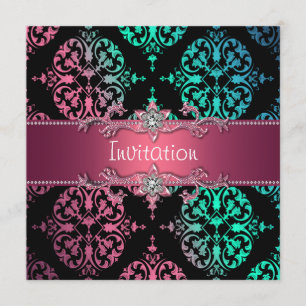 Rainbow Damask Black Party Invitation