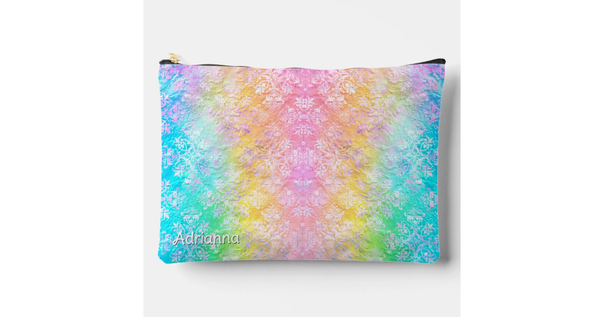 [Rainbow Damask] Elegant Colorful Soft Pastels Accessory Pouch | Zazzle