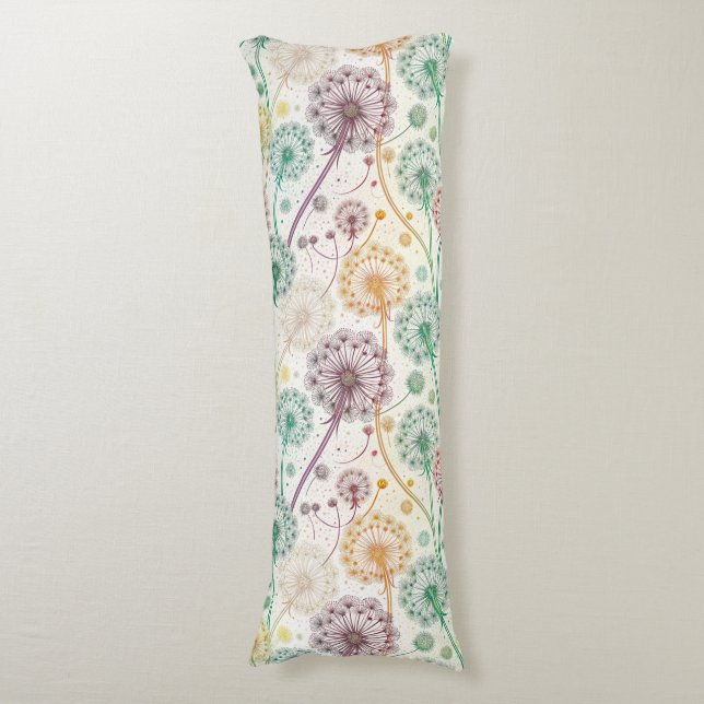 Rainbow Dandelion Breeze – Whimsical Floral Body Pillow (Front Vertical)