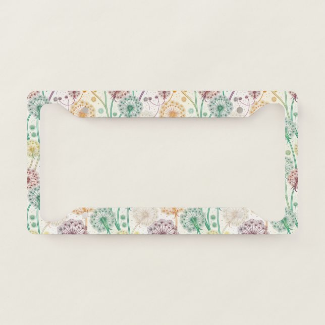 Rainbow Dandelion Breeze – Whimsical Floral License Plate Frame (Front)