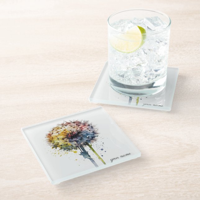 Rainbow Dandelion, custom Glass Coaster (Angled)