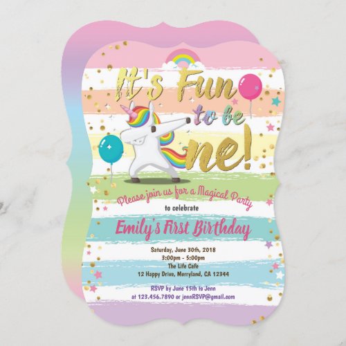 Rainbow dapping unicorn first 1st birthday party invitation