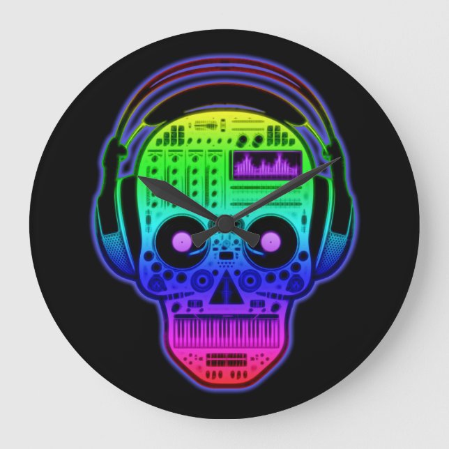 Rainbow Day Of Dead Sugar Skull DJ With Headphones Large Clock (Front)