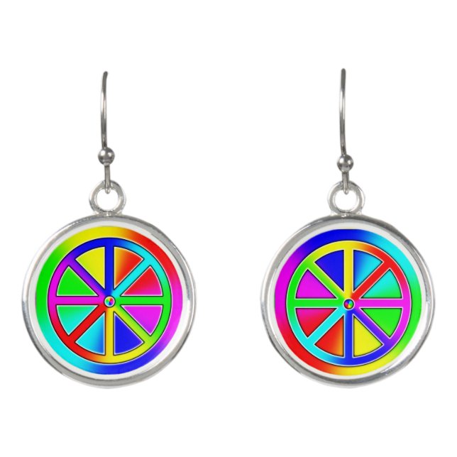 Rainbow Dharma Wheel - Buddhist Earrings (Front)