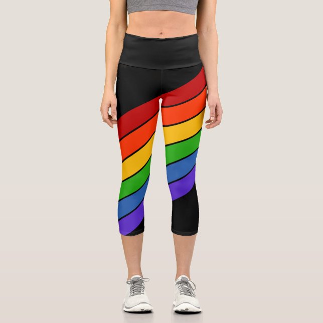 Rainbow Diagonal Stripe Black Capri Leggings (Front)