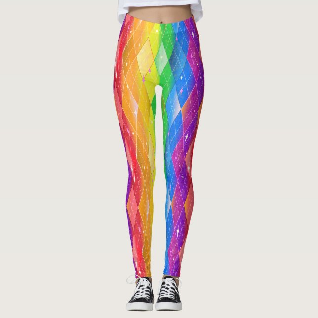 Rainbow Diamond Pride Argyle Sparkle Harlequin Leggings (Front)