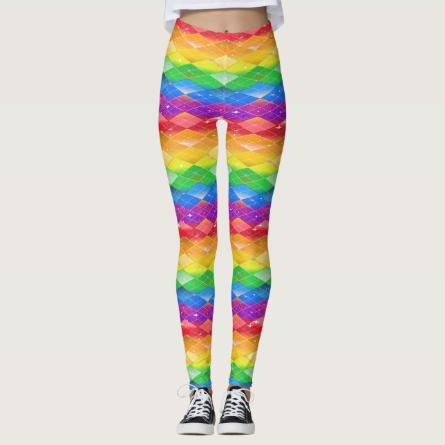 Rainbow Diamond Pride Argyle Sparkle Mermaid Scale Leggings (Front)