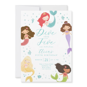 Rainbow Dive Into Five Little Mermaid 5th Birthday Invitation