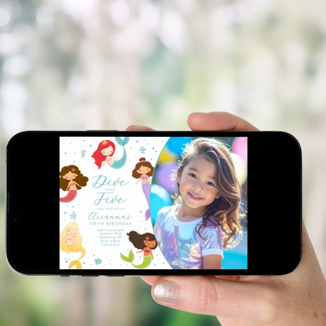 Rainbow Dive into Five Mermaid Birthday Invitation (Front Digital)