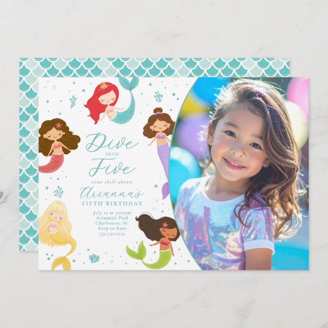 Rainbow Dive into Five Mermaid Birthday Invitation (Front/Back)