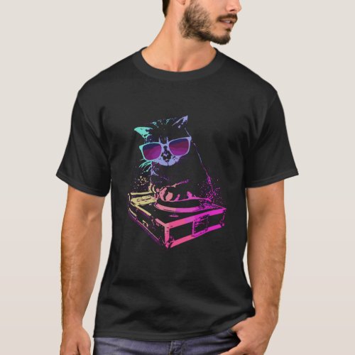 Rainbow Dj Cat Music Lover Retro Kitty Cats Headph T_Shirt