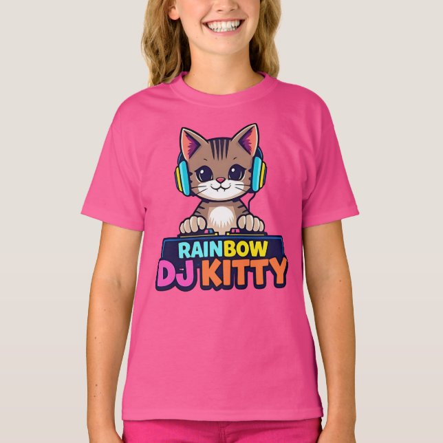 RAINBOW DJ KITTY - Vibrant Cat T-Shirt (Front)
