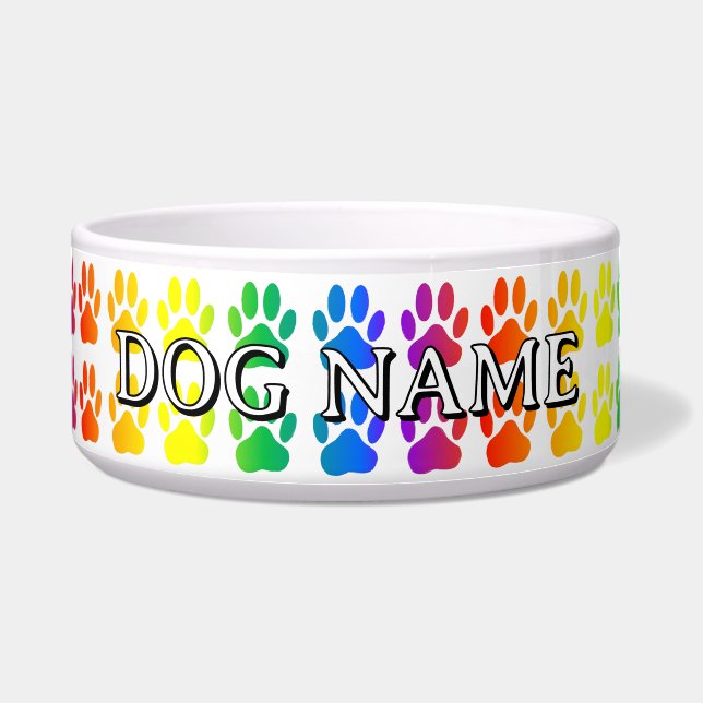 Rainbow Dog Paw Print Custom Name Bowl (Front)