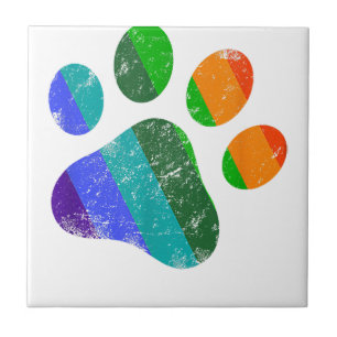 Rainbow Dog Paw Print LGBT Pride Retro Vintage  Ceramic Tile