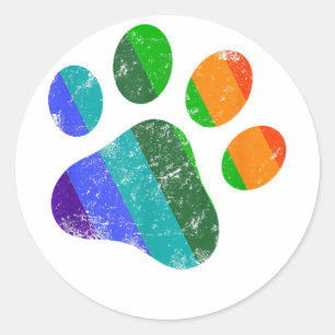 Rainbow Dog Paw Print LGBT Pride Retro Vintage Classic Round Sticker