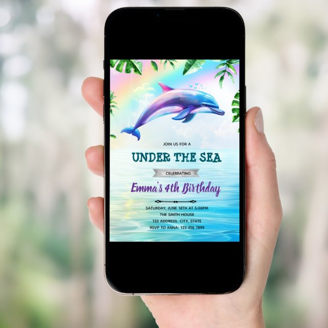 Rainbow dolphin birthday invitation (Front Digital)