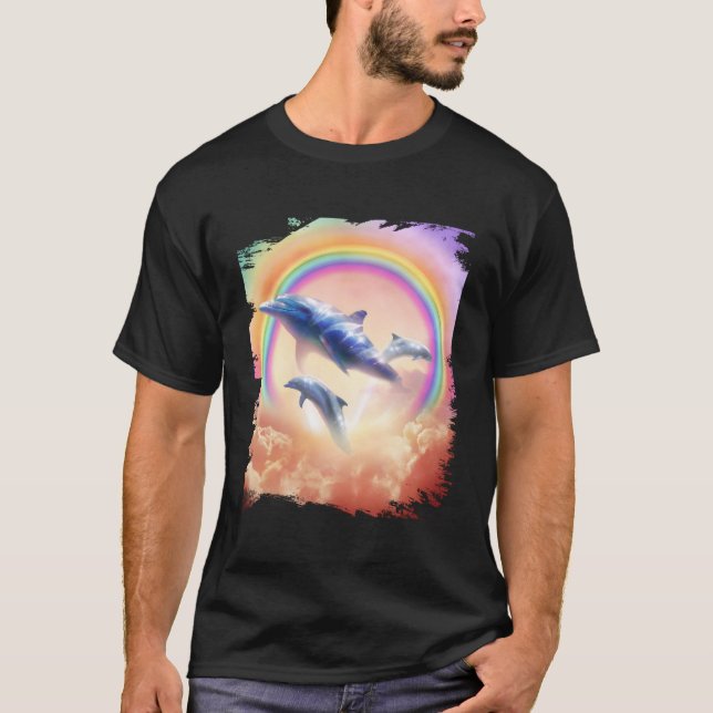 Rainbow Dolphin Dolphins Swimming In Clouds T-Shirt (Front)