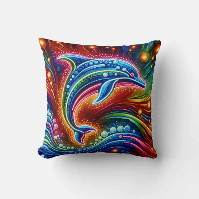 “Rainbow Dolphin: Ocean Glow” Throw Pillow (Front)