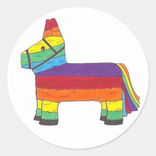 Rainbow Donkey Piñata Birthday Party Fiesta Pride Classic Round Sticker (Front)