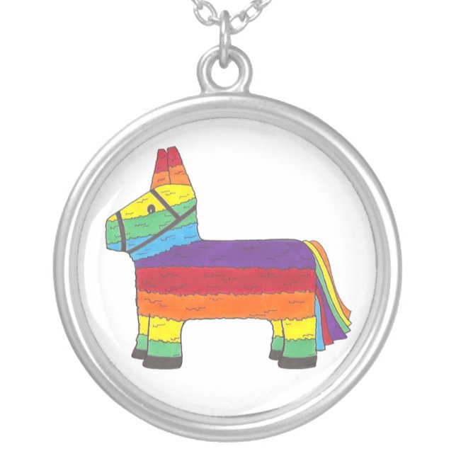 Rainbow Donkey Piñata Cinco de Mayo Pride Fiesta Silver Plated Necklace (Front)