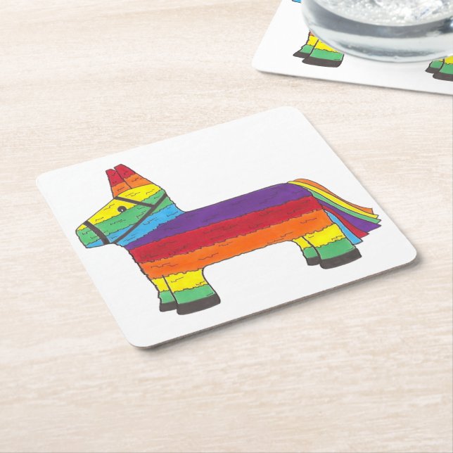Rainbow Donkey Piñata Cinco de Mayo Pride Fiesta Square Paper Coaster (Angled)