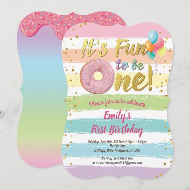 Rainbow donut first 1st birthday party girl invitation (Front/Back)