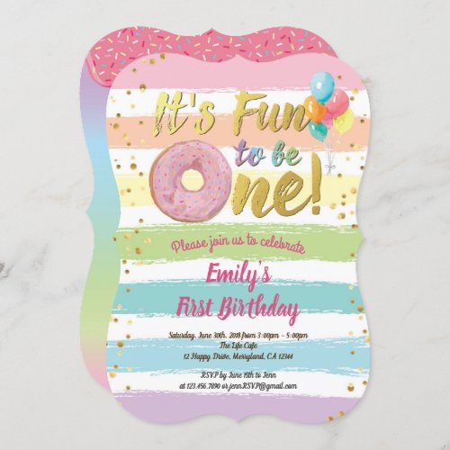 Rainbow donut first 1st birthday party girl invitation