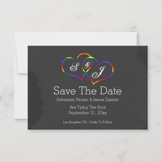 Rainbow Doodle Heart Chalkboard Gay Save The Date (Front)