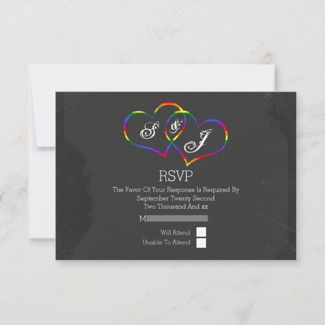 Rainbow Doodle Heart Chalkboard Gay Wedding RSVP Card (Front)