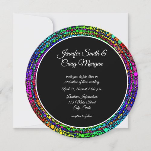 Rainbow Dot Spiral Pattern Black and White Wedding Invitation