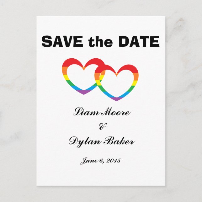 "Rainbow Double Hearts" Save the Date Postcards (Front)
