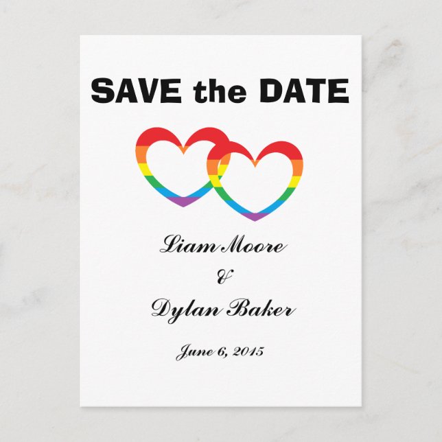 "Rainbow Double Hearts" Save the Date Postcards (Front)