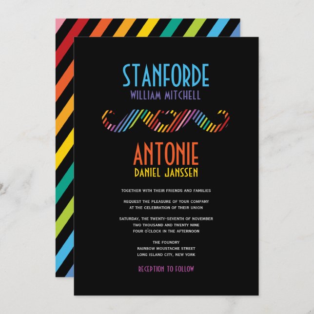 Rainbow Double Mustaches Simple Modern Gay Wedding Invitation (Front/Back)