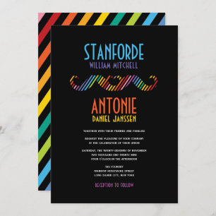 Rainbow Double Mustaches Simple Modern Gay Wedding Invitation