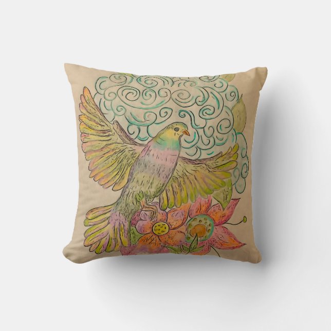Rainbow dove and florals throw pillow (Front)