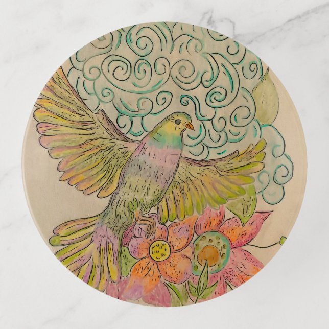 Rainbow dove and florals trinket tray (Front)
